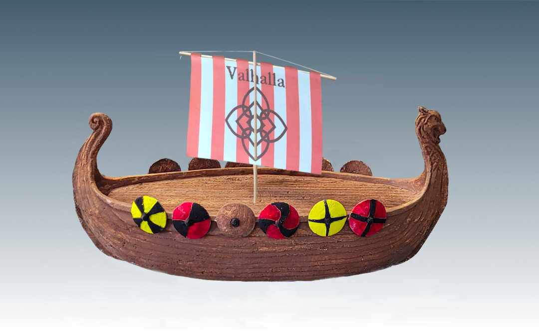 Viking Ship Memorial Urns with shields and Valhalla sail Cremation Urns